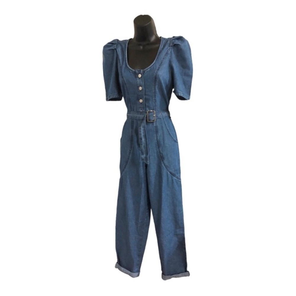 Jessica Simpson blue jeans denim puff sleeve adjustable hem jumpsuit size XS new - Picture 15 of 16